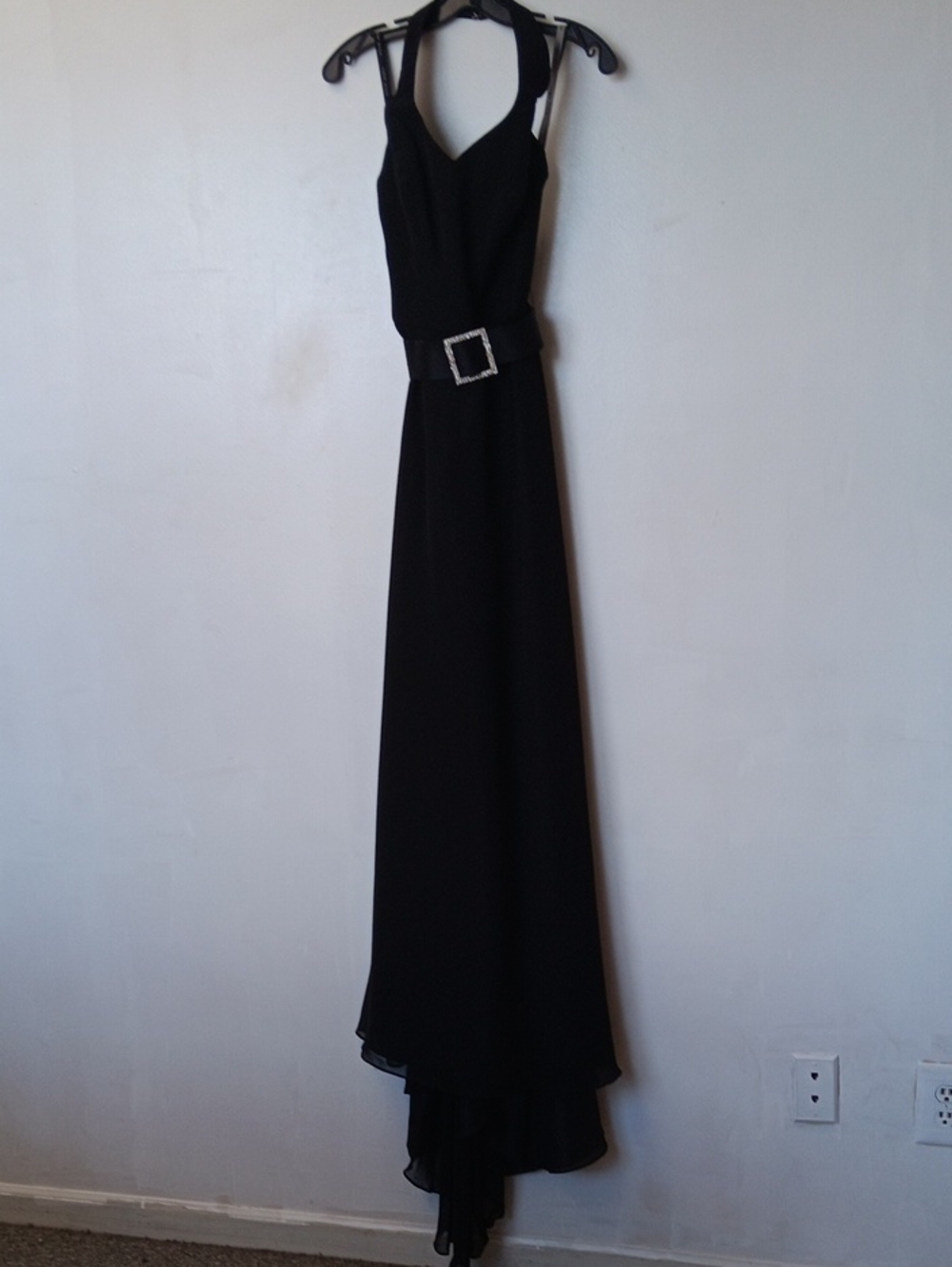Vintage Alfred Angelo Black Halter Maxi Dress with Crystal Buckle